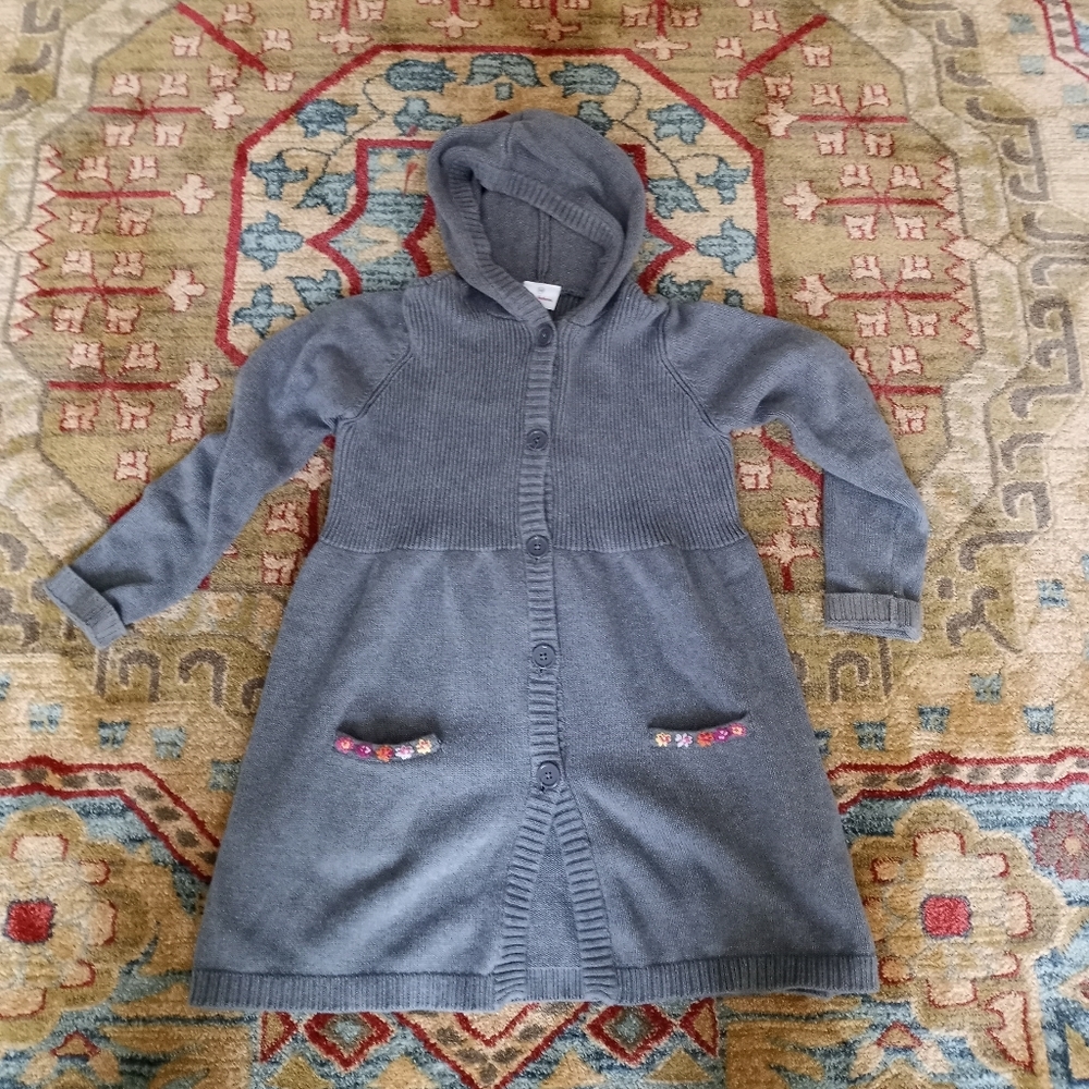Hanna Andersson sweater, size 12- 14 girls, grey with muti colored embroidery